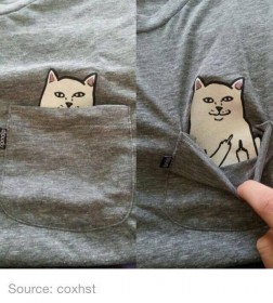 poche du t-shirt avec un dessin de chat qui fait un fuck