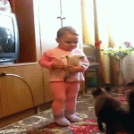 Une mère chat qui récupère son chaton dans les bras d’une petite fille